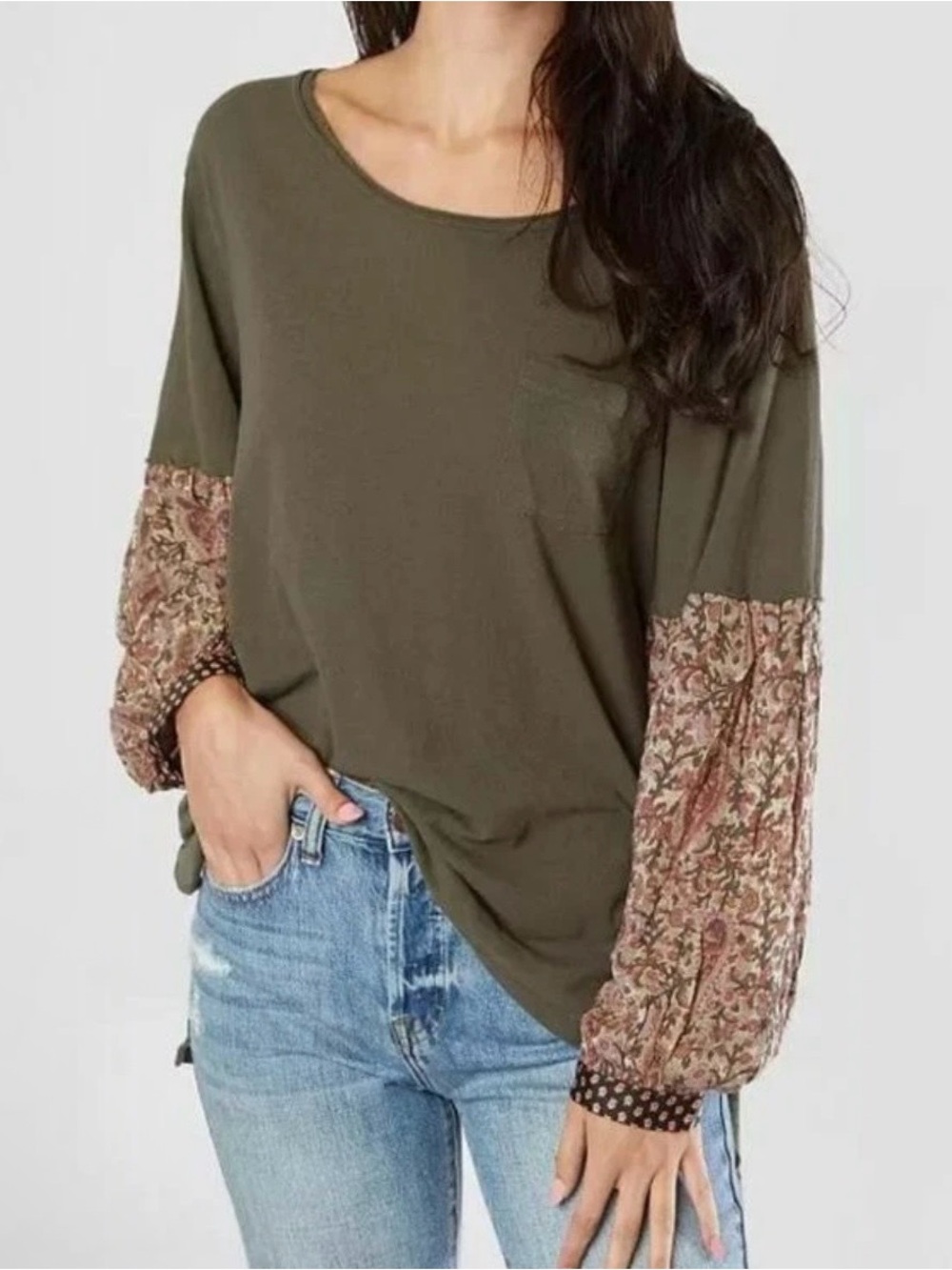 We The Free Olive Green Top with Printed Balloon Sleeves